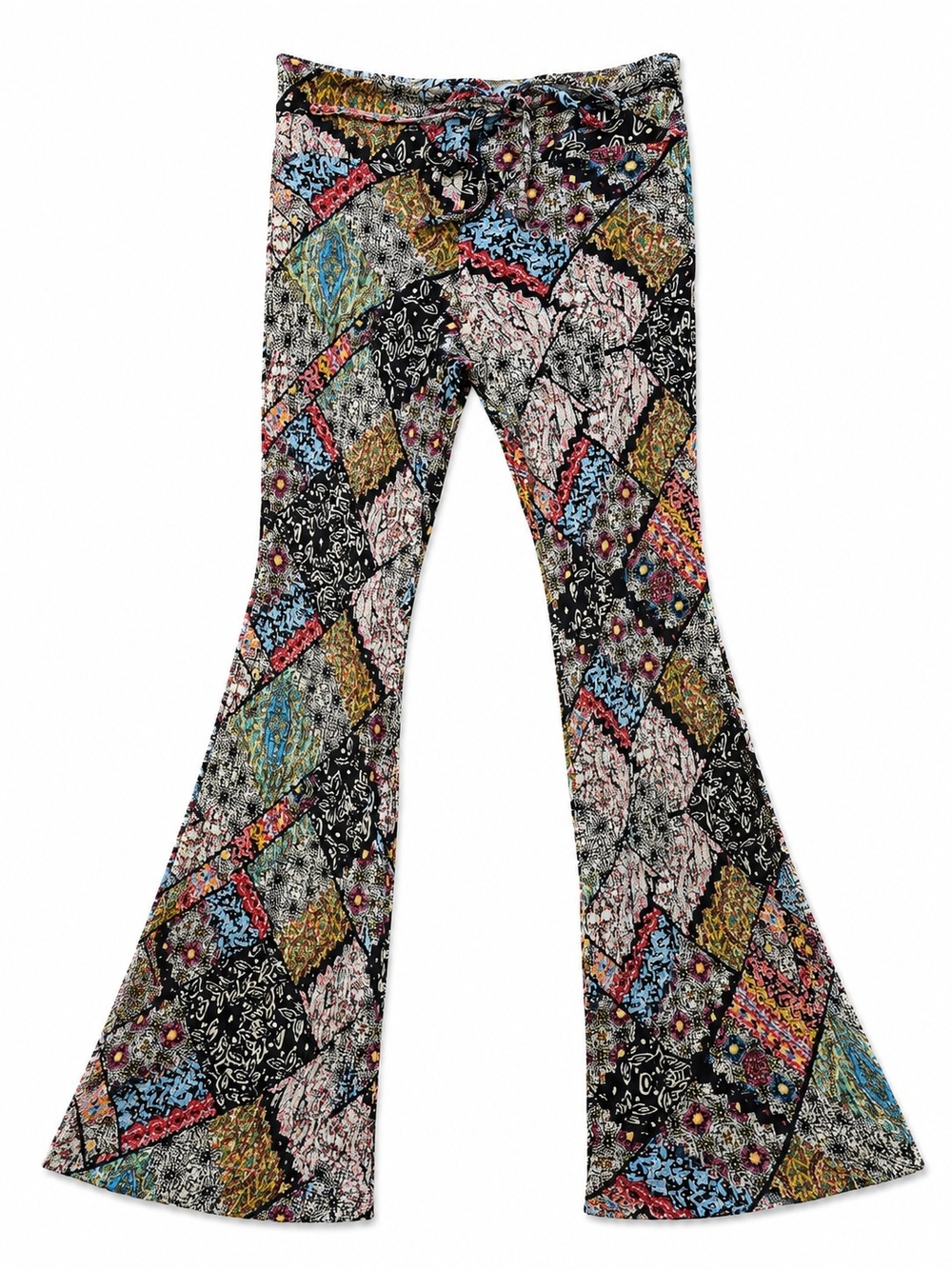 Patchwork Print Flared Leg Stretchy Pants, Size Small